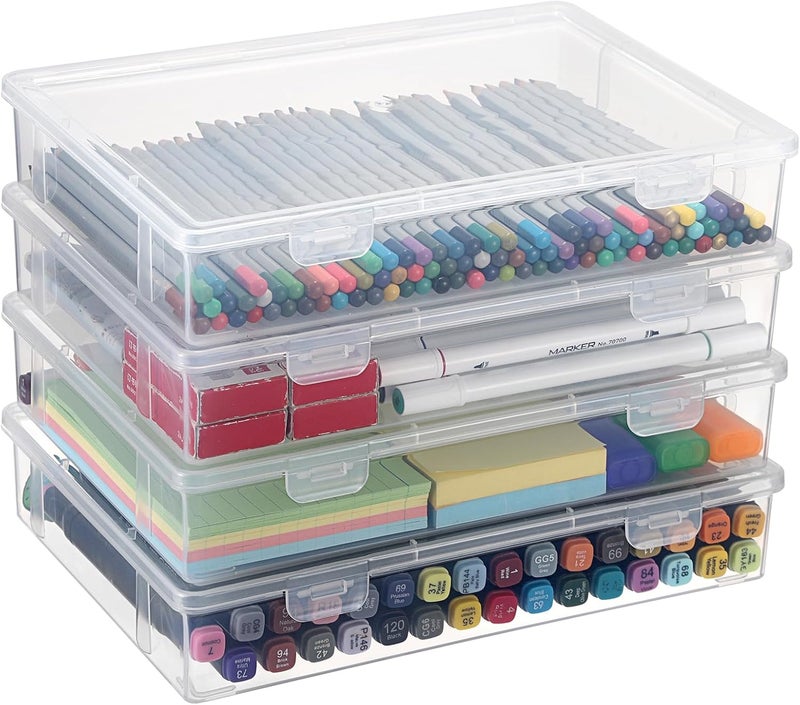 BTSKY Clear Plastic Storage Box with Flap Lid, Multipurpose Craft Organizers and Storage Box Art Supply Storage Organizer Plastic Sewing Box for Beads Pencils Notebooks, 4 Pack Medium - Image 1